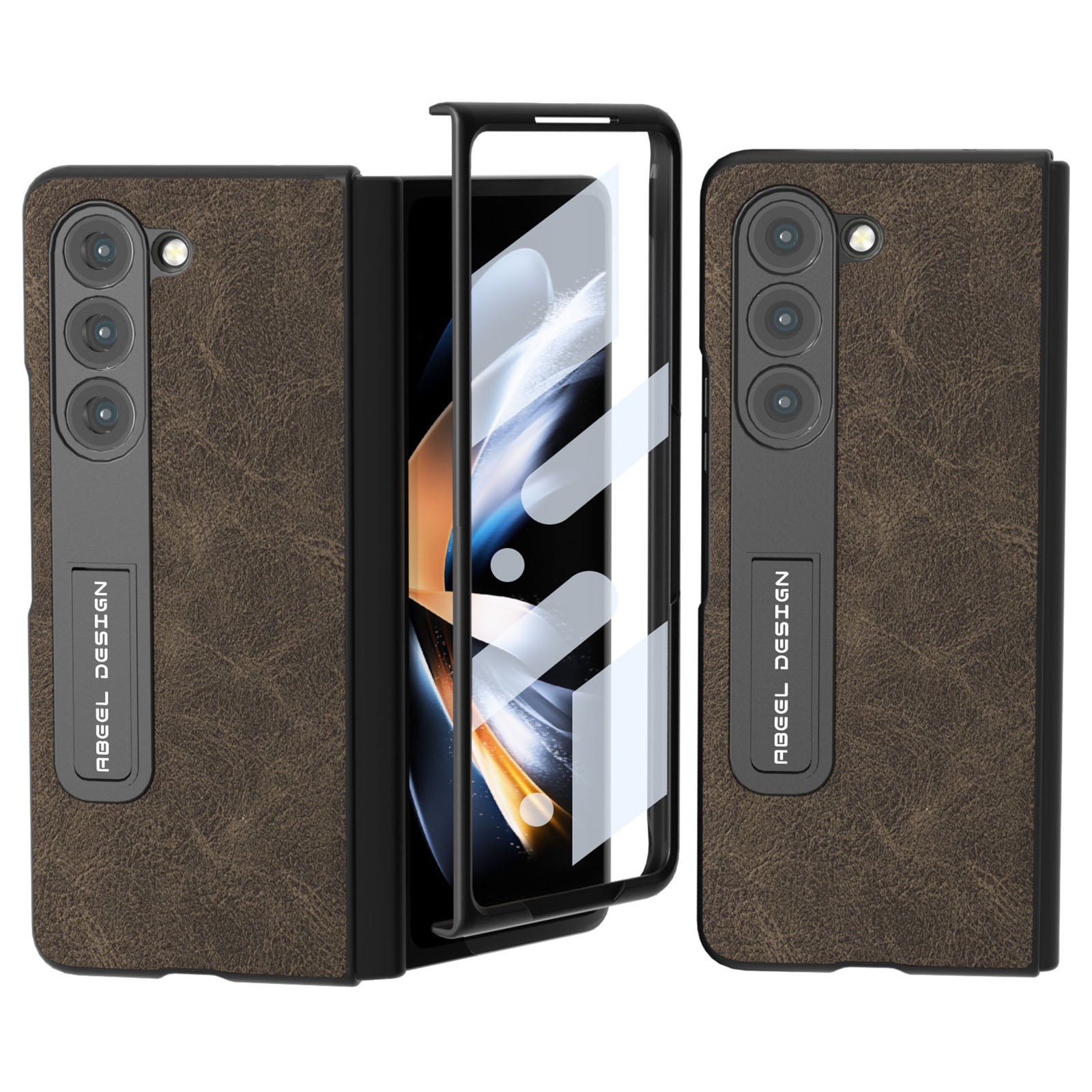 ABEEL For Samsung Galaxy Z Fold5 5G Kickstand Phone Cover Litchi Texture Leather Coated PC Case with Front Screen Film ABEEL For Samsung Galaxy Z Fold5 5G Kickstand Phone Cover Litchi Texture Leather Coated PC Case with Front Screen Film